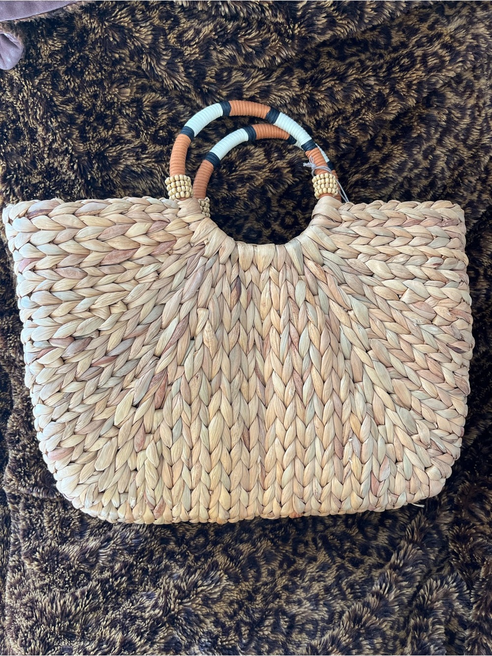 a new day Natural Woven Straw Tote with black cream and Tan Wrapped Handles